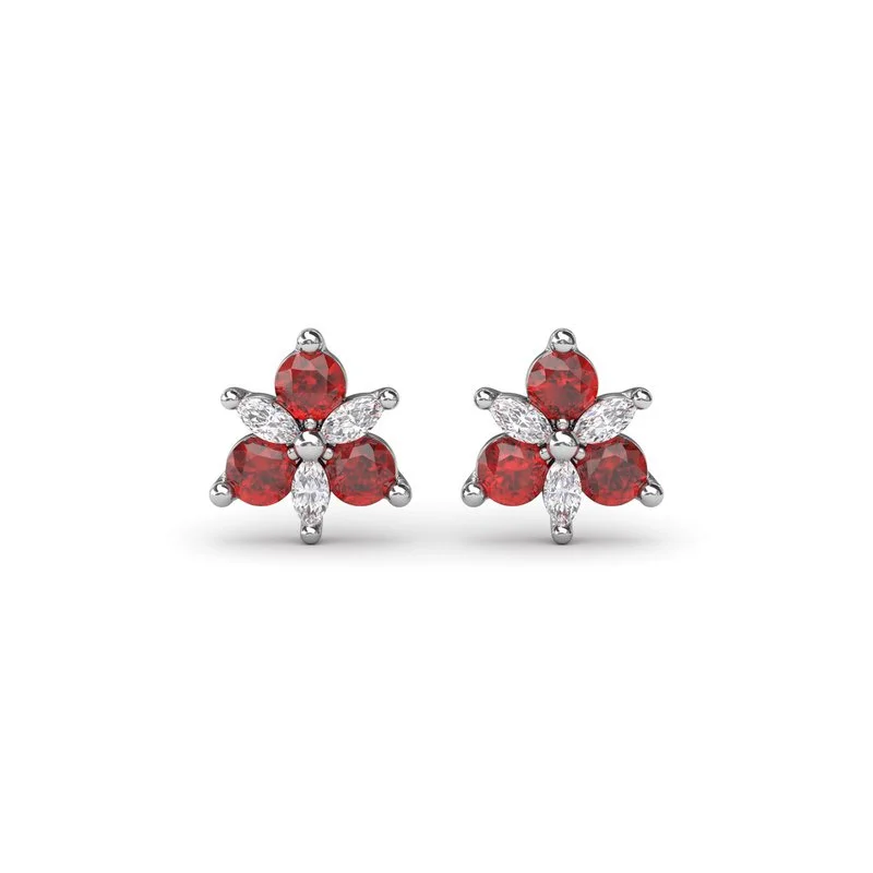 women’s gold-plated earrings-Trio Stud Ruby and Diamond Earrings ER1894R