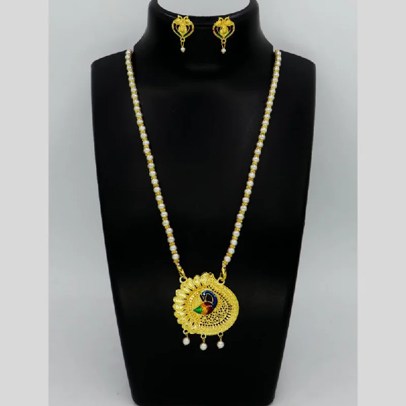 women’s men’s style necklaces-Mahavir Gold Plated Pearls And Meenakari Long Necklace Set