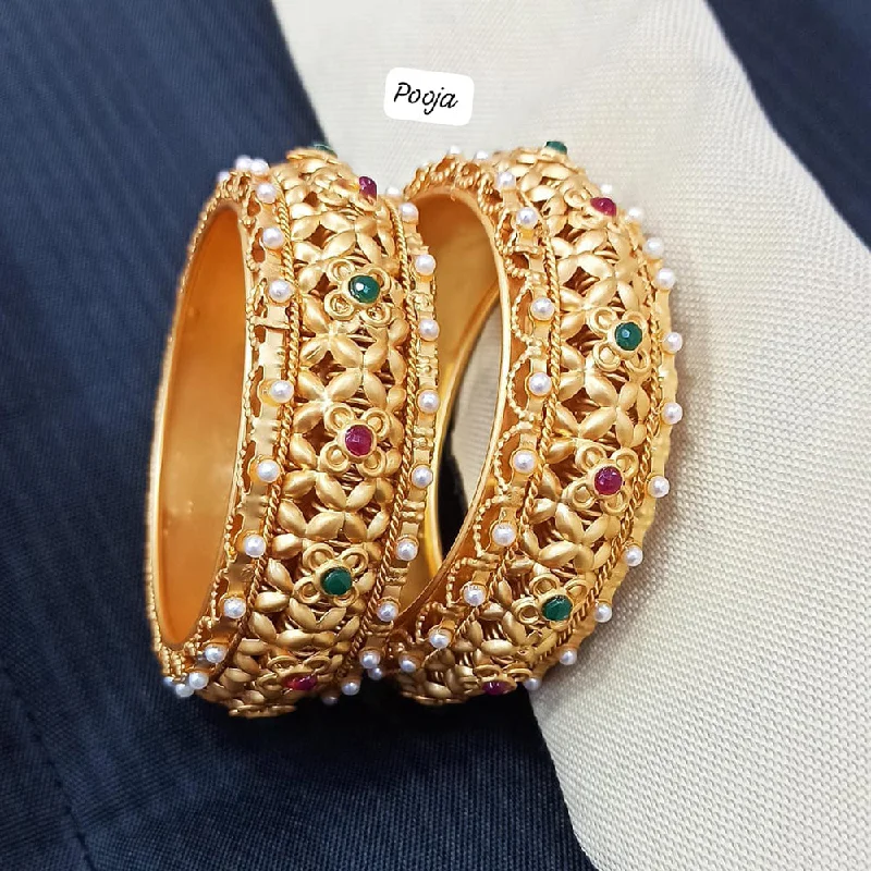 women’s slim bracelets-Pooja Bangles Gold Plated Pota Stone & Pearl Bangles Set