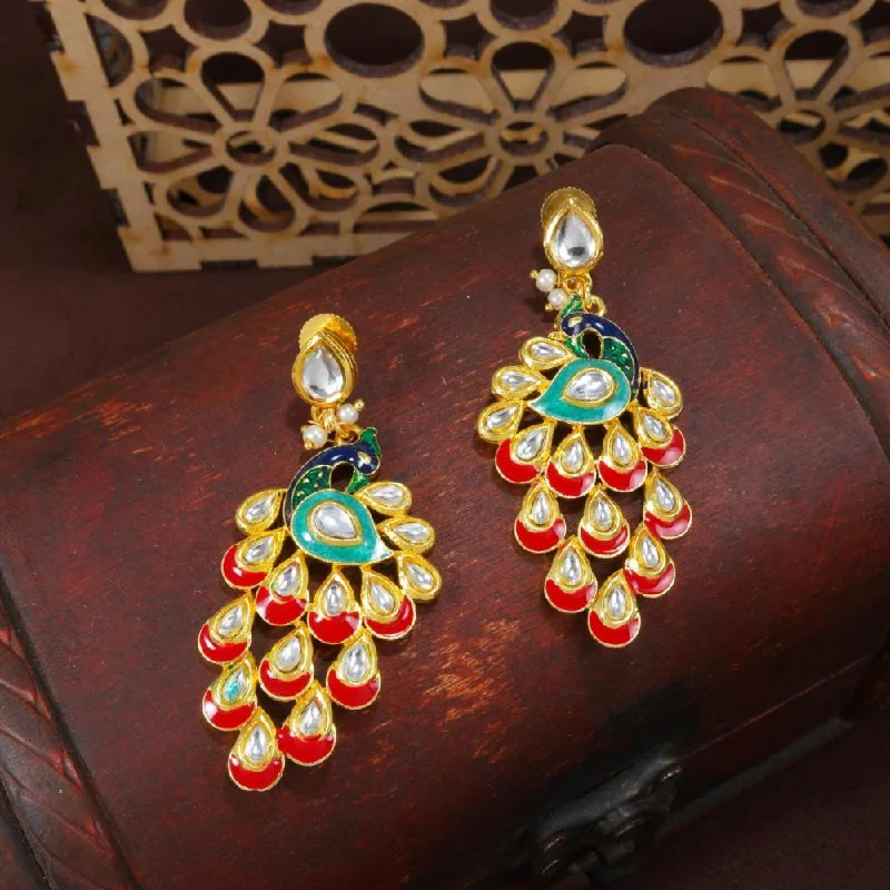 women’s gold stud earrings-Etnico Gold Plated Meenakari Kundan Studded Peacock Design Dangle Earrings For Women (E2918R)