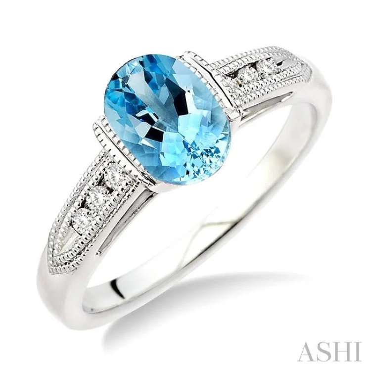 women’s round sapphire engagement rings-8x6 MM Oval Shape Aquamarine and 1/10 Ctw Diamond Ring in 14K White Gold