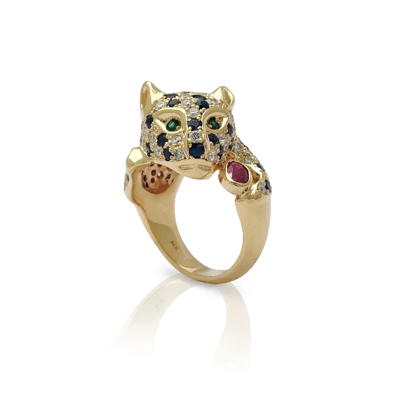 women’s white gold engagement rings-Multi-Color Stones Magnificent Panther Diamond Ring (14K)