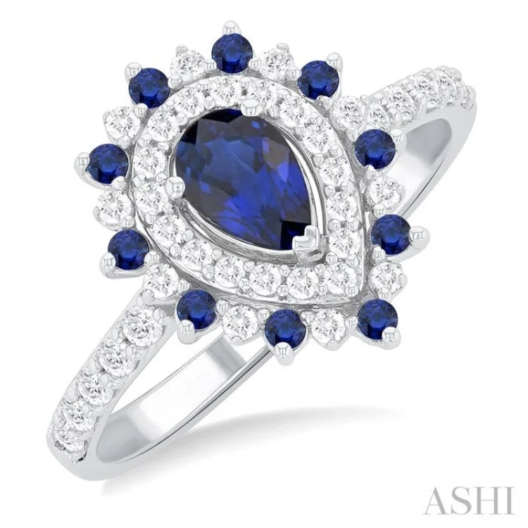 women’s birthstone rings with diamonds-3/8 ctw Floral 6X4MM Pear & 1.5MM Round Cut Sapphire and Round Cut Diamond Precious Ring in 14K White Gold