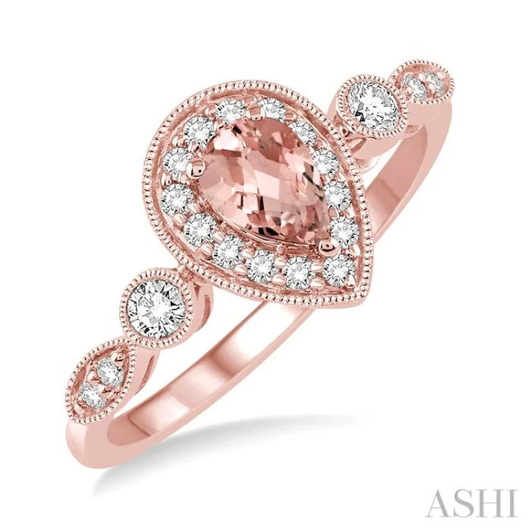 women’s three-stone diamond engagement rings-6X4MM Pear shape Morganite Center and 1/4 Ctw Round Cut Diamond Ring in 14K Rose Gold