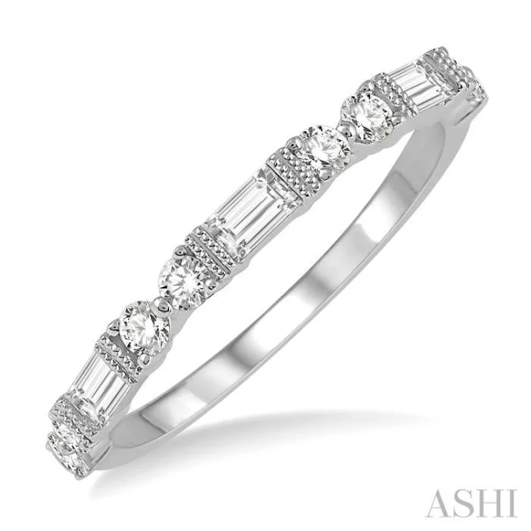 women’s wedding bands-1/2 ctw Segmented Art Deco Baguette and Round Cut Diamond Stackable Band in 14K White Gold