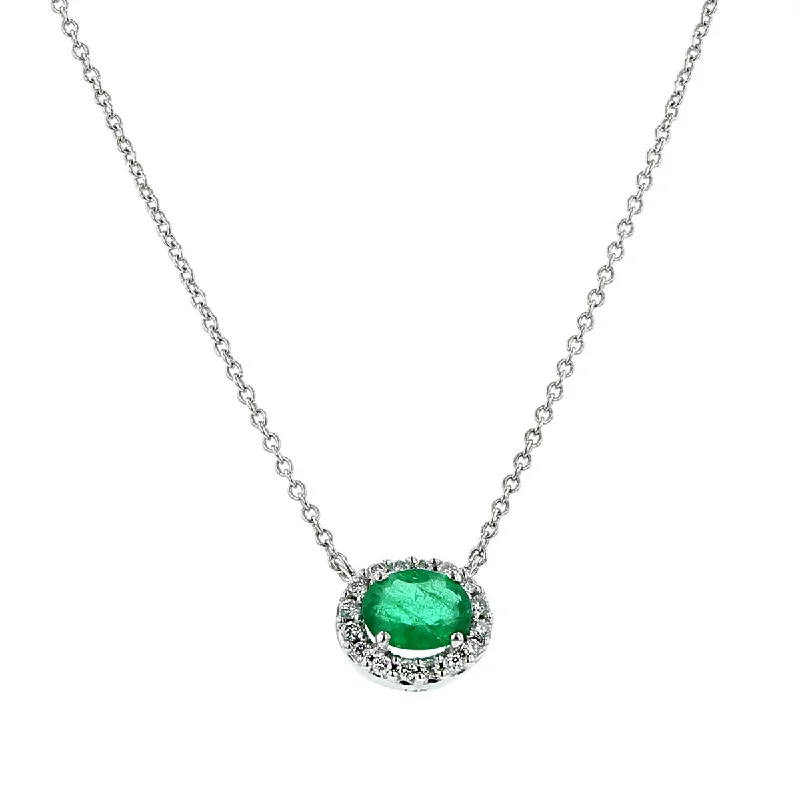 women’s pearl choker necklaces-Oval Emerald and Diamond Halo Pendant Necklace