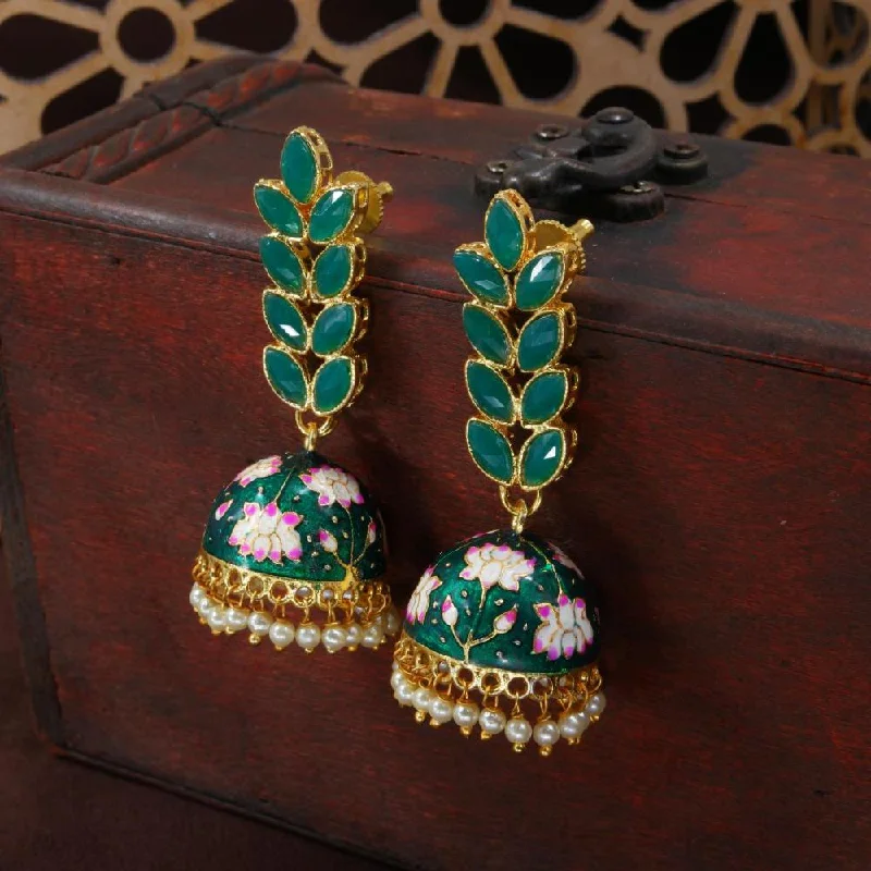 women’s stud earrings-Etnico Gold Plated Meenakari Leaf Shaped Pearl Drop Jhumka Earrings For Women (E2922G)