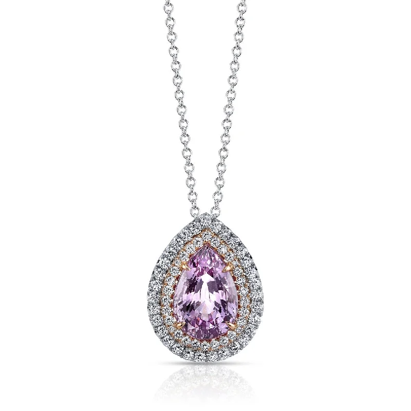 women’s designer necklaces-Pear-Shape Padparadsha and Diamond Halo Pendant Necklace