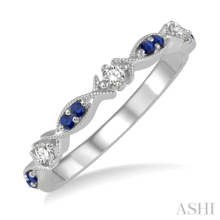 women’s heart-shaped engagement rings-1.35 MM Round Cut Sapphire and 1/10 Ctw Round Cut Diamond Half Eternity Wedding Band in 10K White Gold