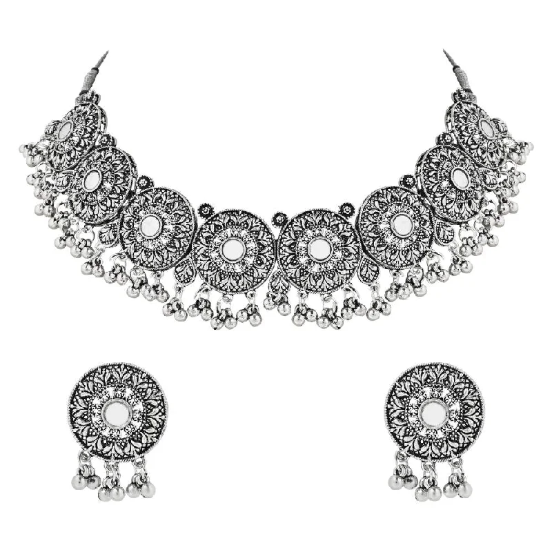 women’s sparkly necklaces-Etnico Ethnic Silver Oxidized Traditional Afghani Choker Necklace Jewellery Set for Women (MC140OX)