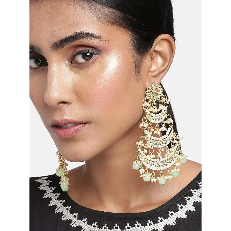 women’s tassel earrings-Etnico 18k Gold Plated 3 Layered Beaded Chandbali Earrings with Kundan and Pearl Work for Women (E2859-1) (Mint)