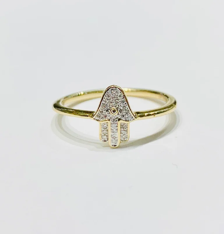 women’s three-stone diamond engagement rings-Hamsa diamond ring (14K).