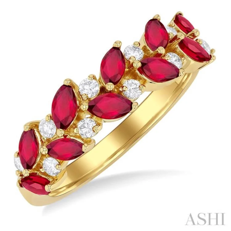 women’s anniversary rings-1/5 ctw Leafy 4X2MM Marquise Cut Ruby and Round Cut Diamond Precious Band in 14K Yellow Gold