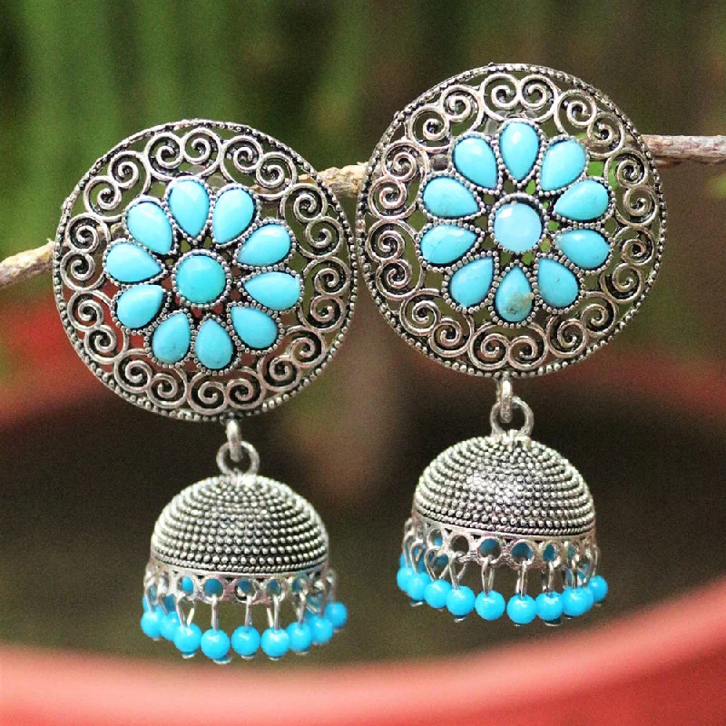 women’s oval earrings-H K Fashion Oxidised Plated  Pota Stone And Beads Jhumki Earrings