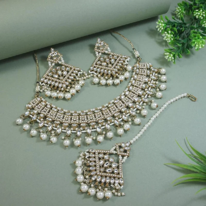 women’s vintage charm necklaces-Etnico Gold Plated Traditional Kundan Pearl Drop Choker Necklace Jewellery & Dangle Earrings Set For Women(K7273) (White)