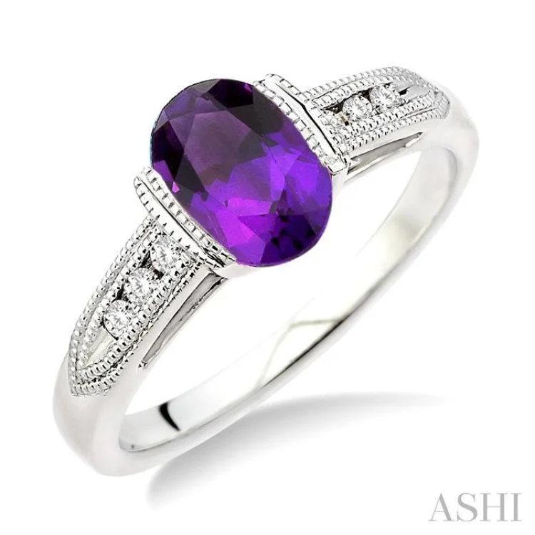 women’s affordable diamond engagement rings-8x6 MM Oval Shape Amethyst and 1/10 Ctw Diamond Ring in 14K White Gold