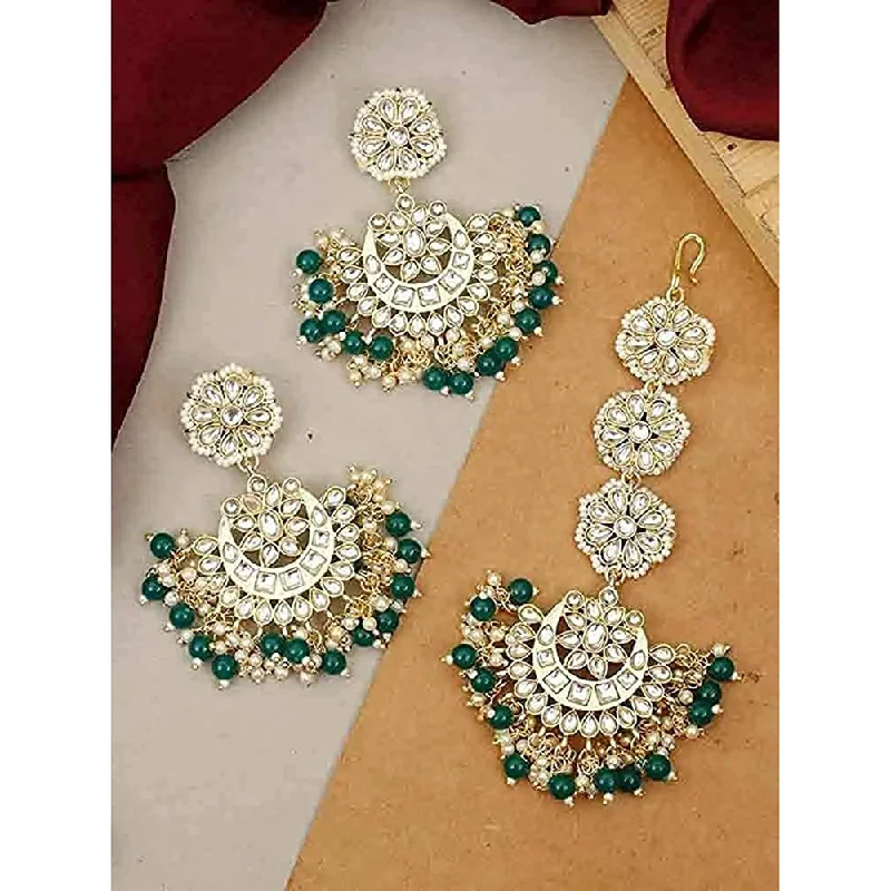 women’s gold earrings-Etnico18K Gold Plated with Stunning Matte Finish Traditional Kundan & Faux Pearl Chandbali Earrings with Maang Tikka Set (TE2911G)