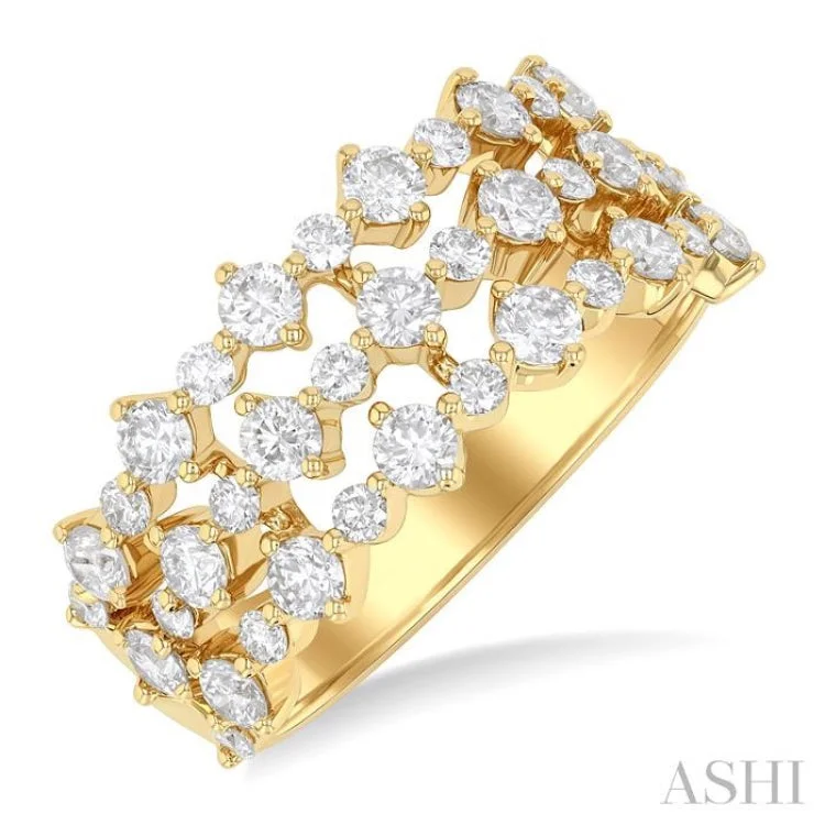 women’s halo rings-1 1/2 ctw Triple Row Round Cut Diamond Fashion Band in 14K Yellow Gold