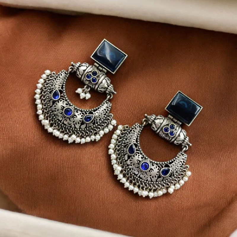 women’s crystal drop earrings-Maharani Jewels Oxidised Plated Pota Stone And  Pearl Dangler Earrings