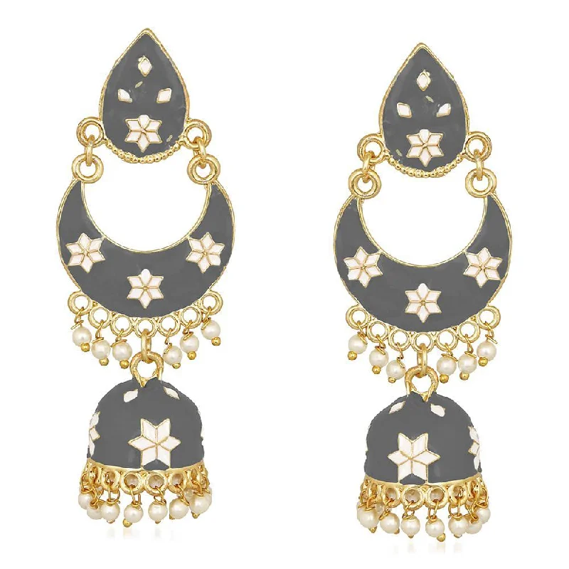 women’s modern earrings-Mahi Traditional Ethnic Grey Meenakari work Dangler Chandbali Jhumki Earrings with Artificial Pearl for Women (ER1109729GGry)