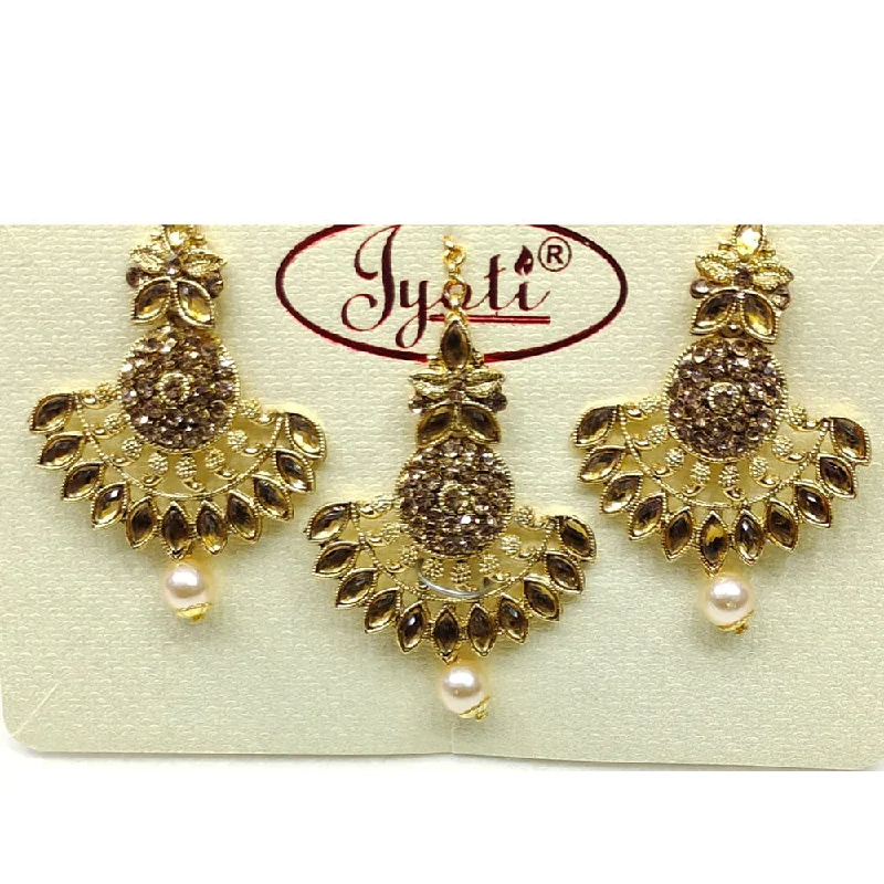 women’s custom earrings-Tip Top Jewellers Gold Plated Austrian Stone And Pearl Earrings With Mangtikka