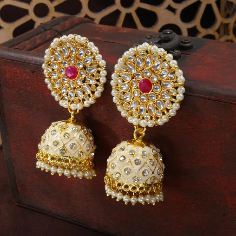 women’s butterfly stud earrings-Etnico Gold Plated Meenakari Kundan & Pearl Drop Jhumka Earrings For Women (E2925Cr)