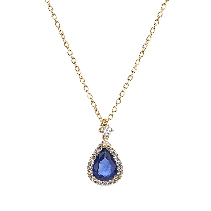 women’s vintage charm necklaces-Pear Shape Sapphire and Diamond Halo Necklace