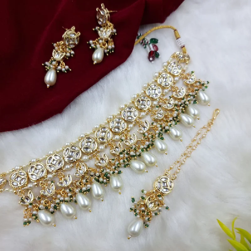 women’s pearl necklaces-JCM Jewellery Gold Plated Kundan Stone And Pearls Choker Necklace Set