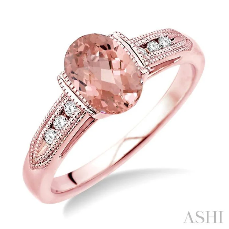 women’s cushion cut sapphire engagement rings-8x6 MM Oval Shape Morganite and 1/10 Ctw Diamond Ring in 14K Rose Gold