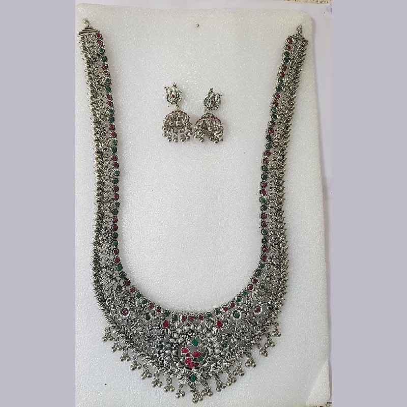 women’s silver pendant necklaces-Shreeji Oxidised Plated Pota Stone Necklace Set