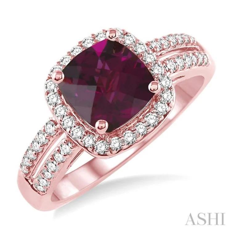 women’s brilliant cut diamond engagement rings-7x7 mm Cushion Cut Rhodolite Garnet and 1/3 Ctw Round Cut Diamond Ring in 14K Rose Gold