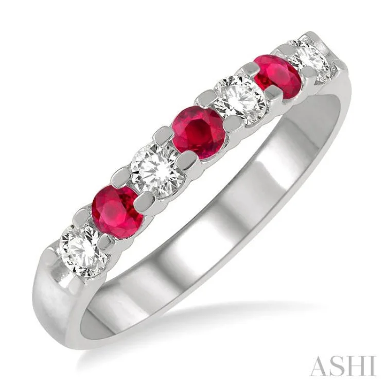 women’s eternity bands-3/8 ctw Round Cut Diamond and 3MM Ruby Precious Wedding Band in 14K White Gold