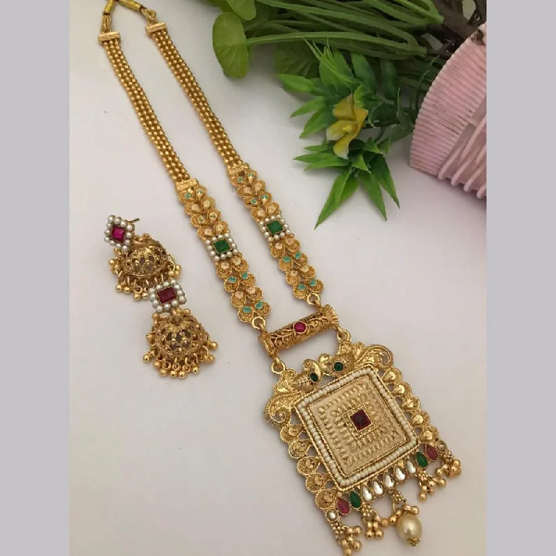 women’s pendant necklaces with initials-FS Collection Gold Plated Kundan Stone Long Necklace Set