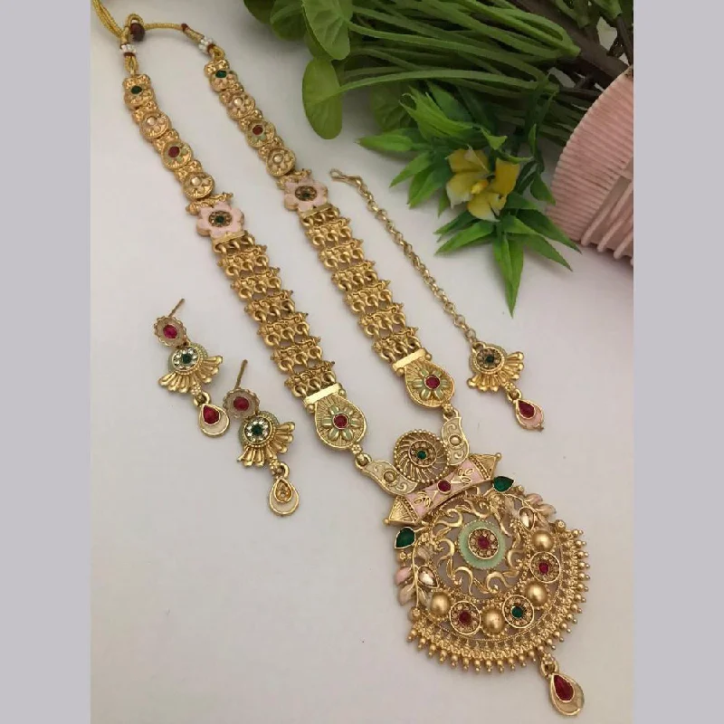 women’s silver chain necklaces-FS Collection Gold Plated Kundan Stone Long Necklace Set