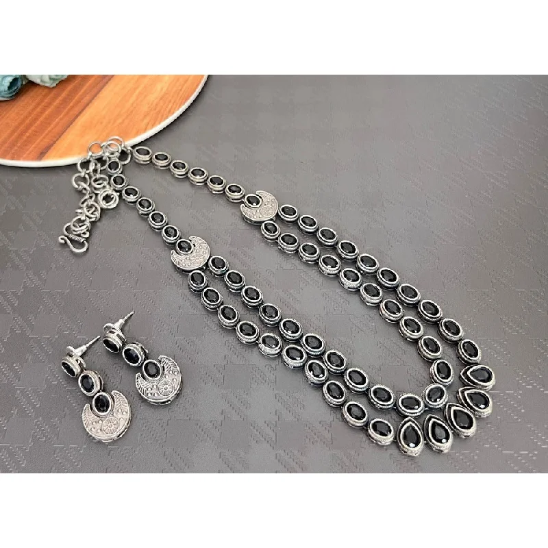 women’s diamond chain necklaces-Akruti Collection Oxidised Plated Pota Stone Long Necklace Set