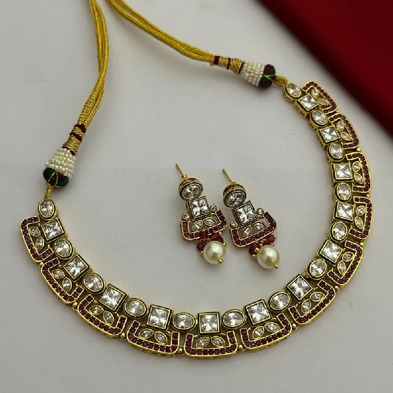 women’s friendship necklaces-FS Collection Gold Plated Kundan Stone Necklace Set