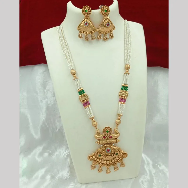 women’s gold necklaces-FS Collection Gold Plated Pearl Long Necklace Set