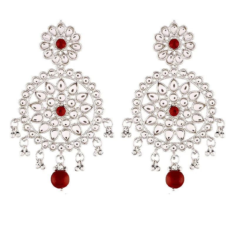 women’s silver drop earrings-Etnico 18k Rhodium Plated Chandbali Earrings Glided With Kundans For Women/Girls (E2462ZM)