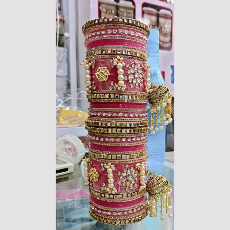 women’s engraved bangles-Manisha Jewellery Gold Plated Kundan And Mirror Bangles Set