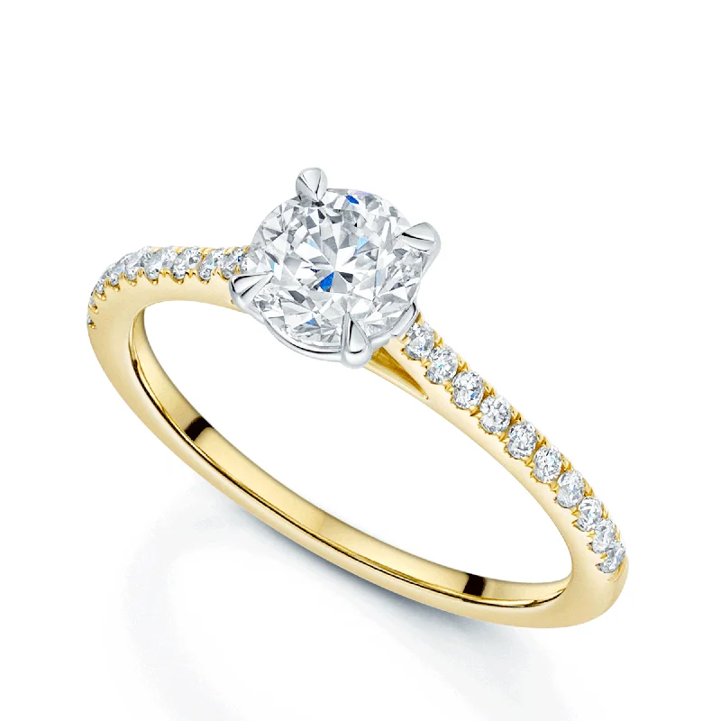 women’s unique engagement rings-18ct Yellow Gold Round Brilliant Cut Diamond Ring With Diamond Set Shoulders