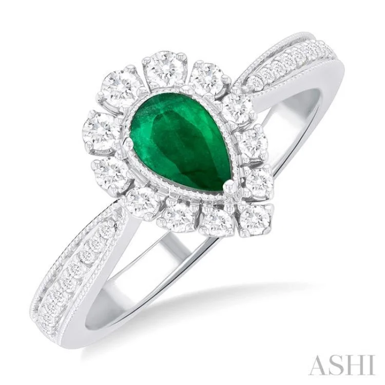 women’s unique wedding rings-1/3 ctw Pear Cut 6X4MM Emerald and Round Cut Diamond Precious Ring in 14K White Gold