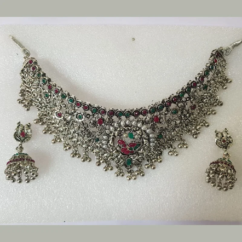 women’s gold-plated necklaces-Shreeji Oxidised Plated Pota Stone Necklace Set