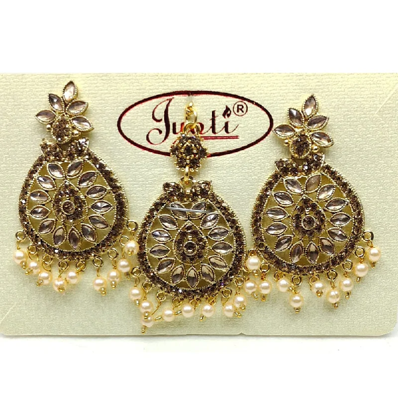 women’s long earrings-Tip Top Jewellers Gold Plated Austrian Stone And Pearl Earrings With Mangtikka