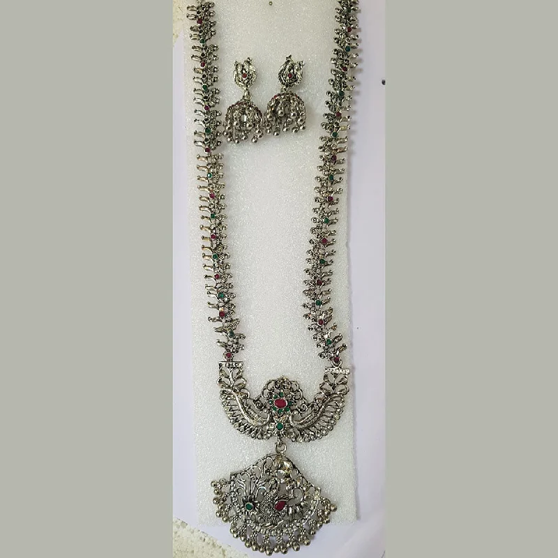 women’s silver necklaces-Shreeji Oxidised Plated Pota Stone Necklace Set