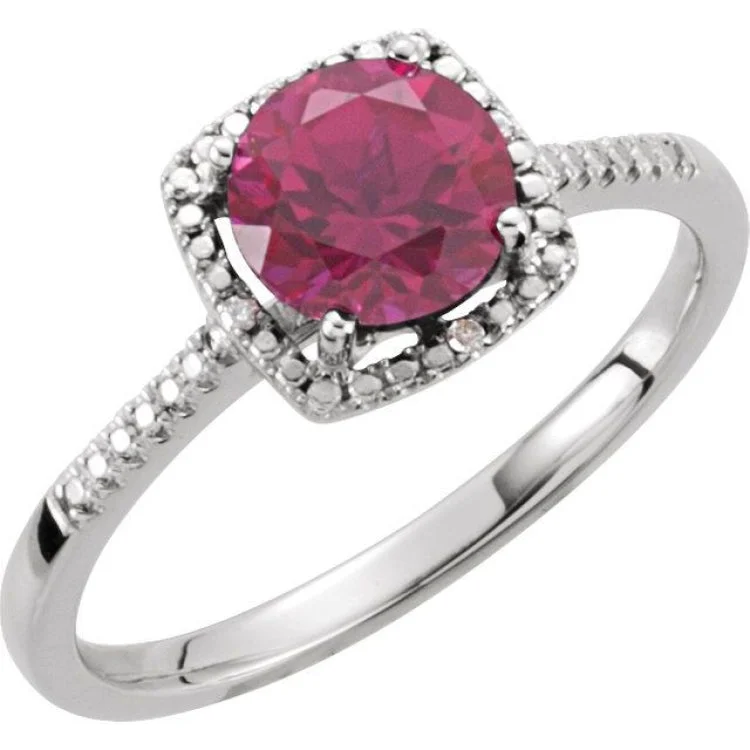 women’s cushion cut sapphire engagement rings-Sterling Silver Lab-Grown Ruby & .01 CTW Natural Diamond Ring