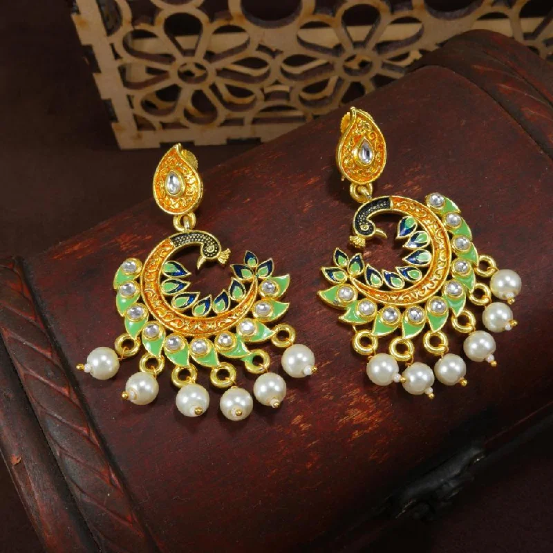 women’s gemstone earrings-Etnico Gold Plated Meenakari Kundan Studded Peacock Design Dangle Earrings For Women (E2919Min)