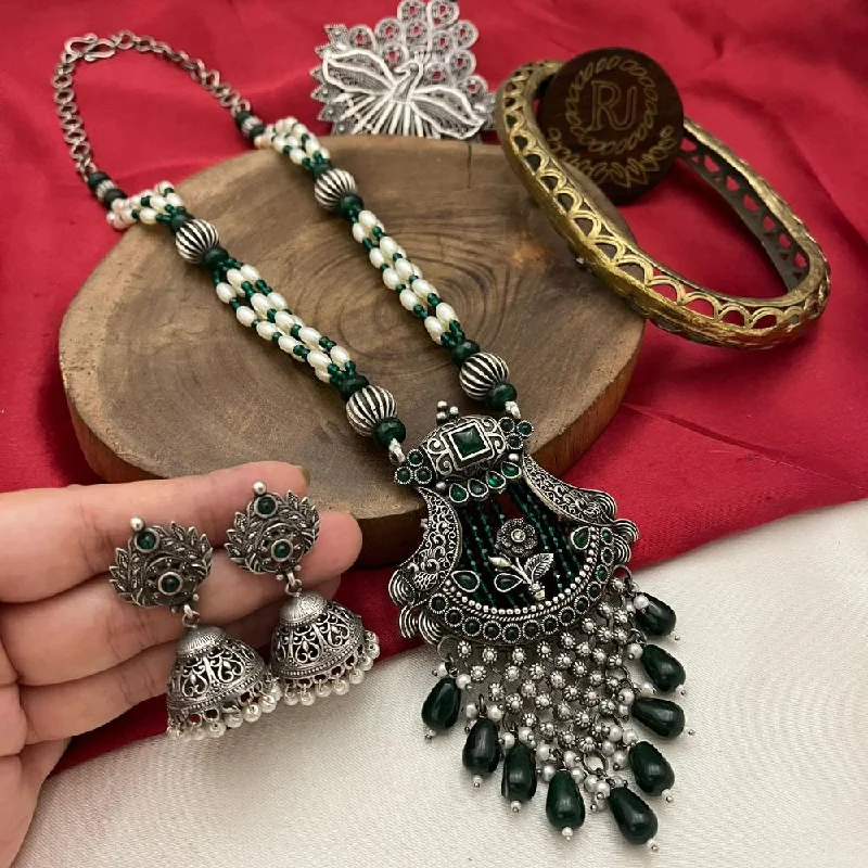 women’s flower pendant necklaces-FS Collection Oxidised Plated Pota Stone And Beads Necklace Set