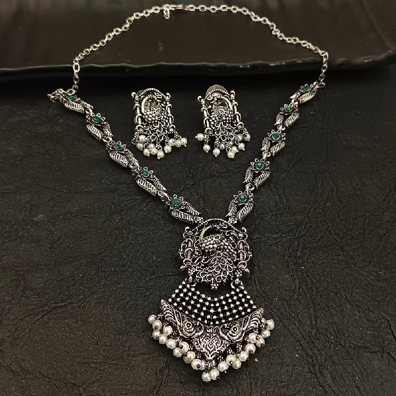 women’s heart-shaped necklaces-Deep Jewell Oxidised Plated  Peacock Pearl Necklace Set