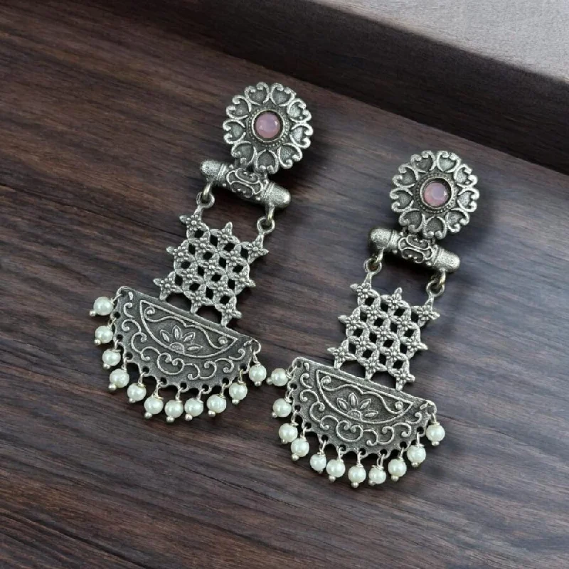 women’s sterling silver earrings-Maharani Jewels Oxidised Plated Pota Stone And Pearls Dangler Earrings