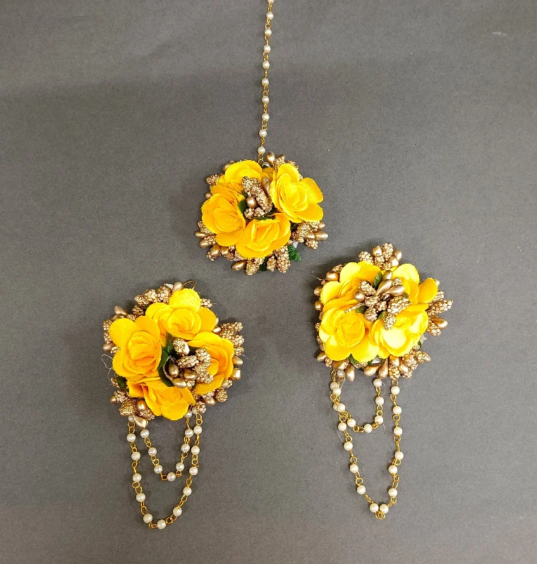 women’s party earrings-Darshana Jewels Yellow Floral Design Earrings With Maang tikka